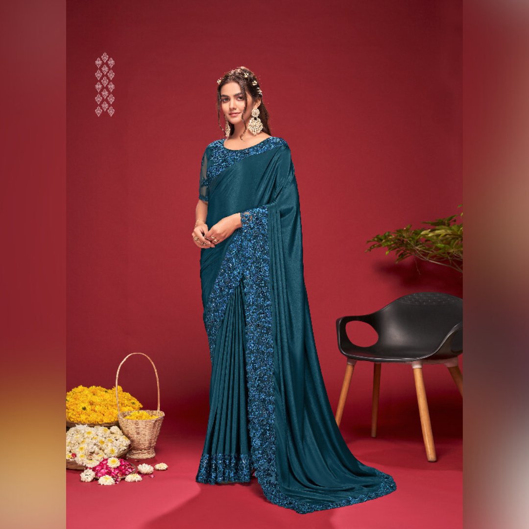 Teal Blue Crepe Silk Embroidered Saree with Fancy Coding Border Work - SARIVEDA