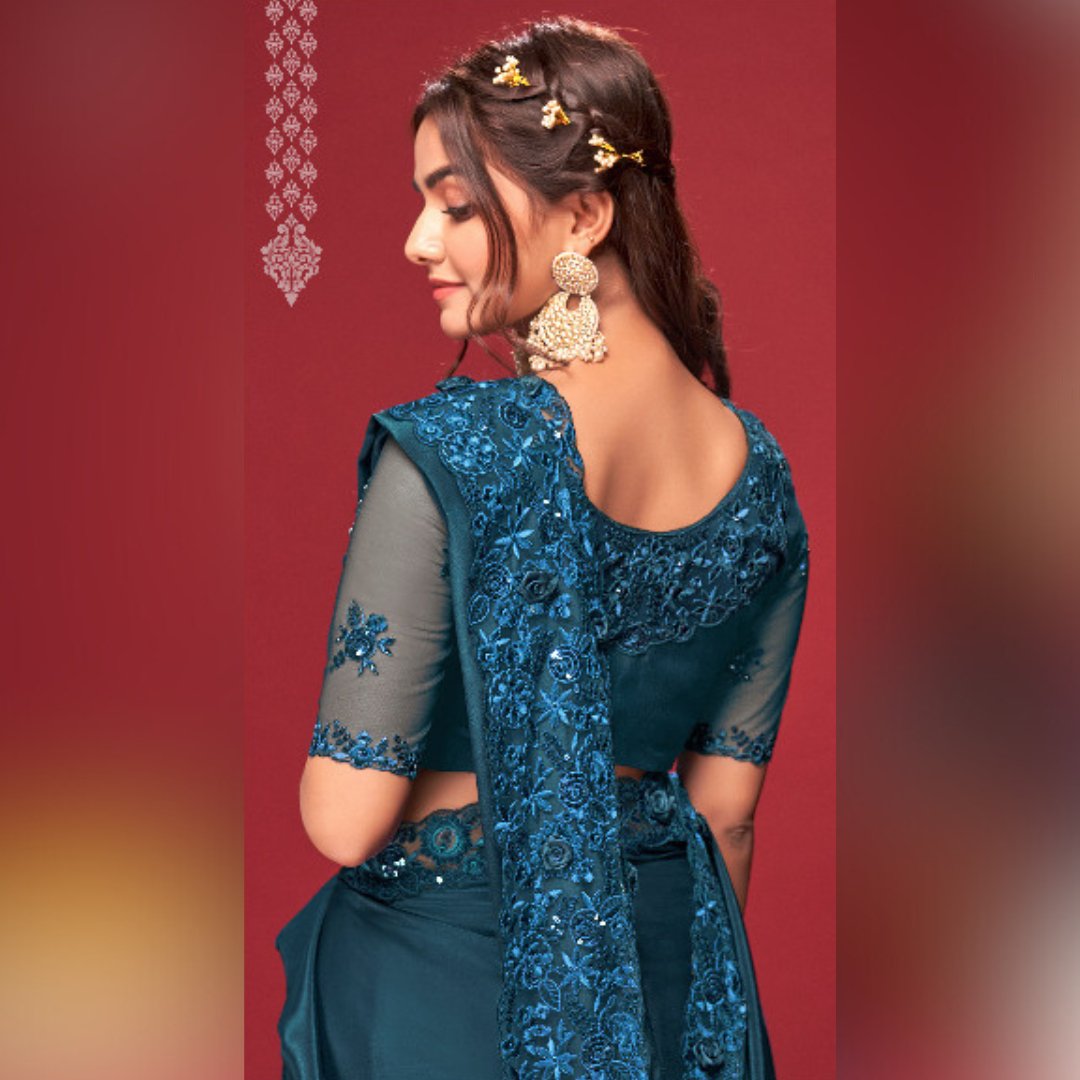 Teal Blue Crepe Silk Embroidered Saree with Fancy Coding Border Work - SARIVEDA