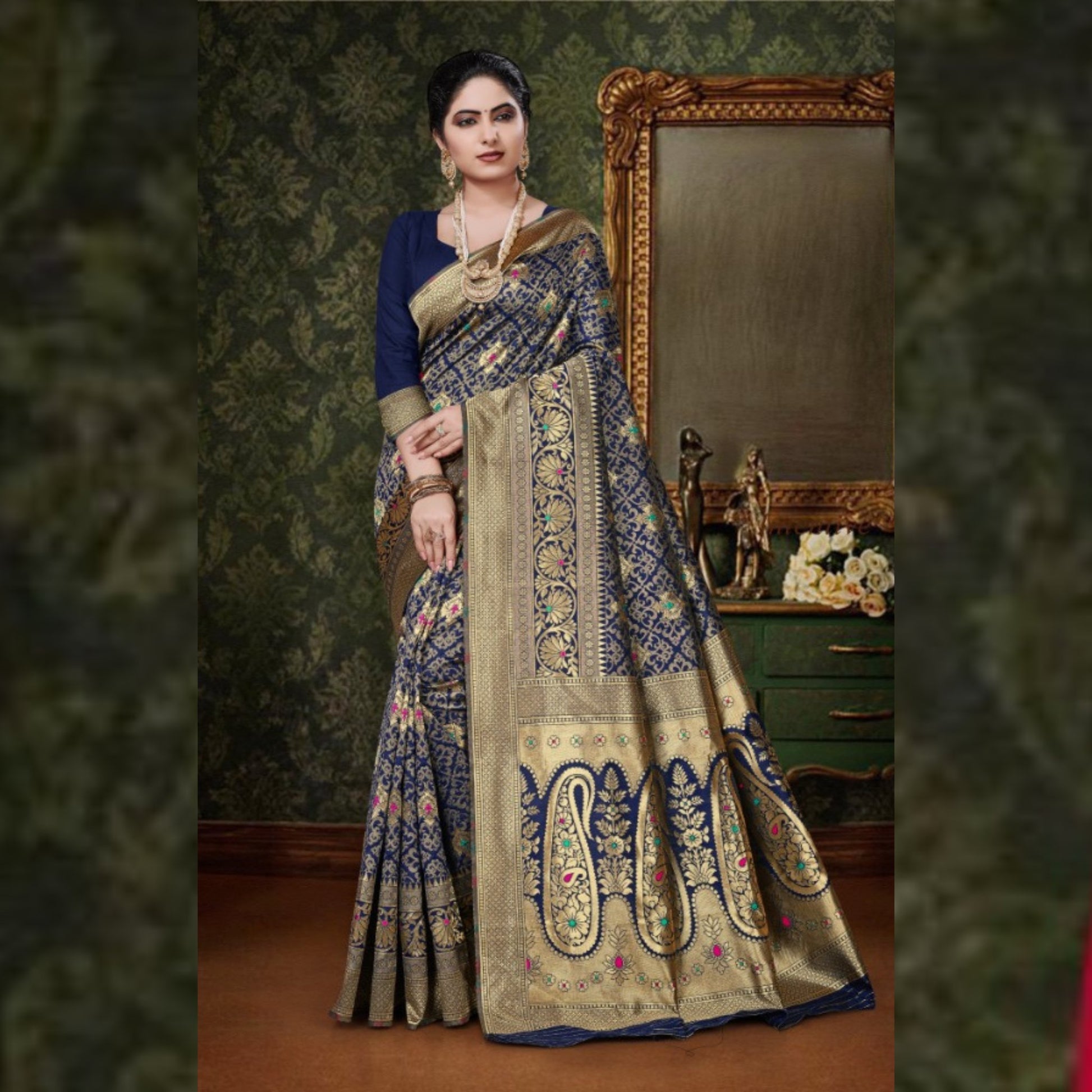 Banarasi Silk Meenakari Saree In Blue Colour - SARIVEDA