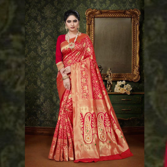 Banarasi Silk Meenakari Saree in Red Colour - SARIVEDA