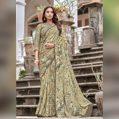 Digital Print Crepe Silk Saree in Dustry Green Colour - SARIVEDA