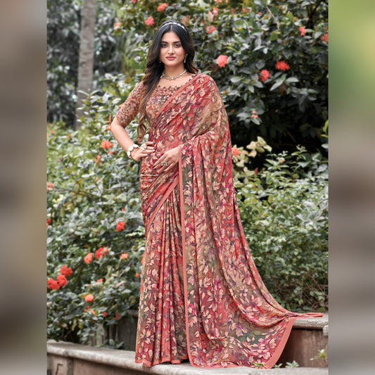 Digital Print Crepe Silk Saree in Peach Colour - SARIVEDA