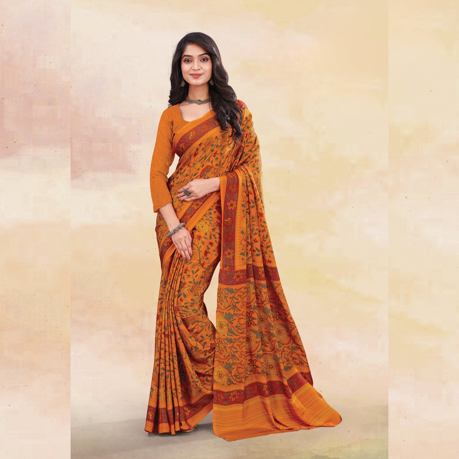 Floral Sunshine Crepe Saree in Yellow Colour - SARIVEDA