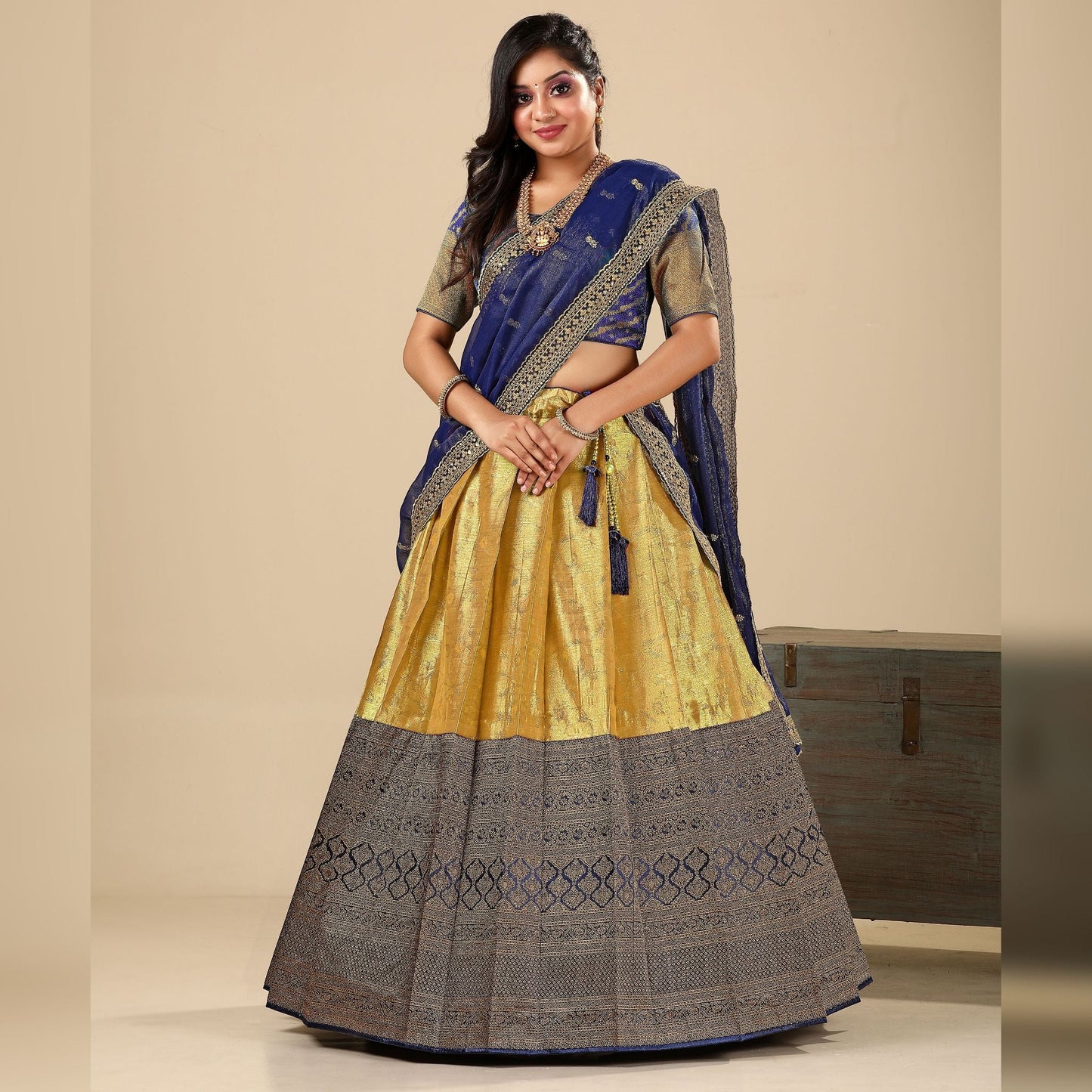 Gold & Navy Blue Semi Stitched Lehenga Choli - SARIVEDA