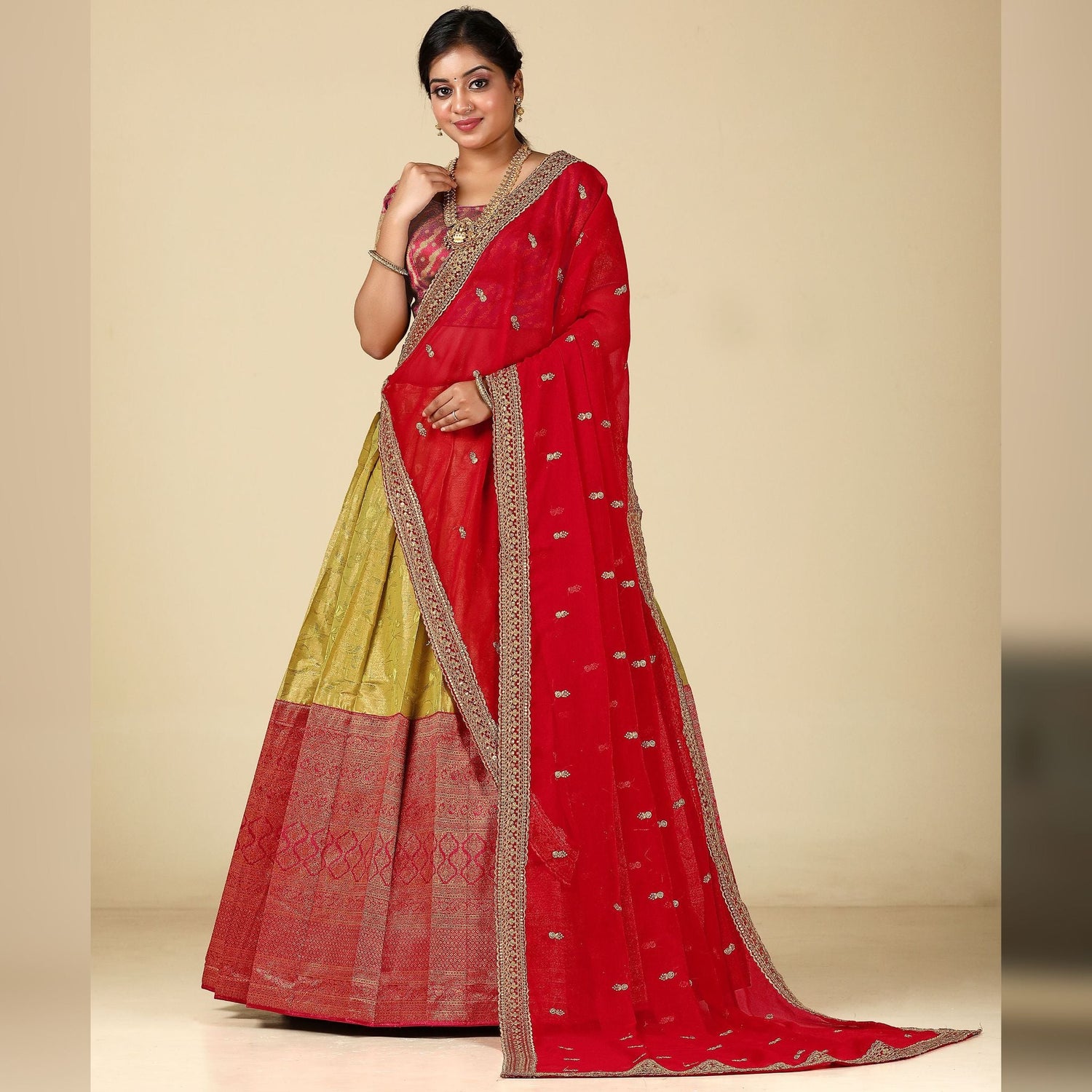 Gold Red Semi Stitched Lehenga Choli - SARIVEDA