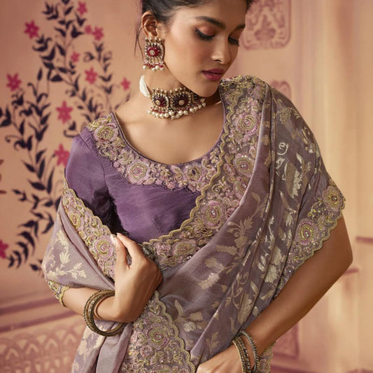 Lavender Purple Embroidered Border Silk Saree - SARIVEDA