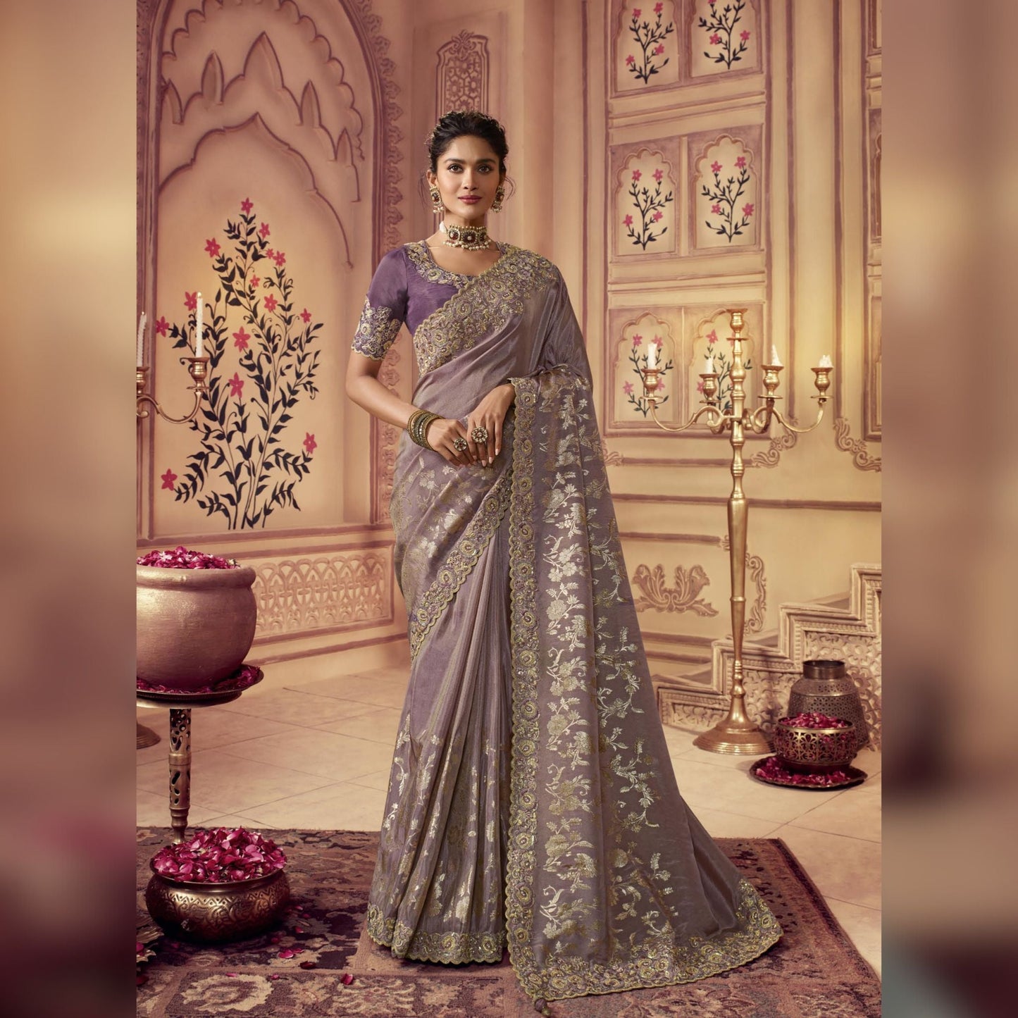 Lavender Purple Embroidered Border Silk Saree - SARIVEDA