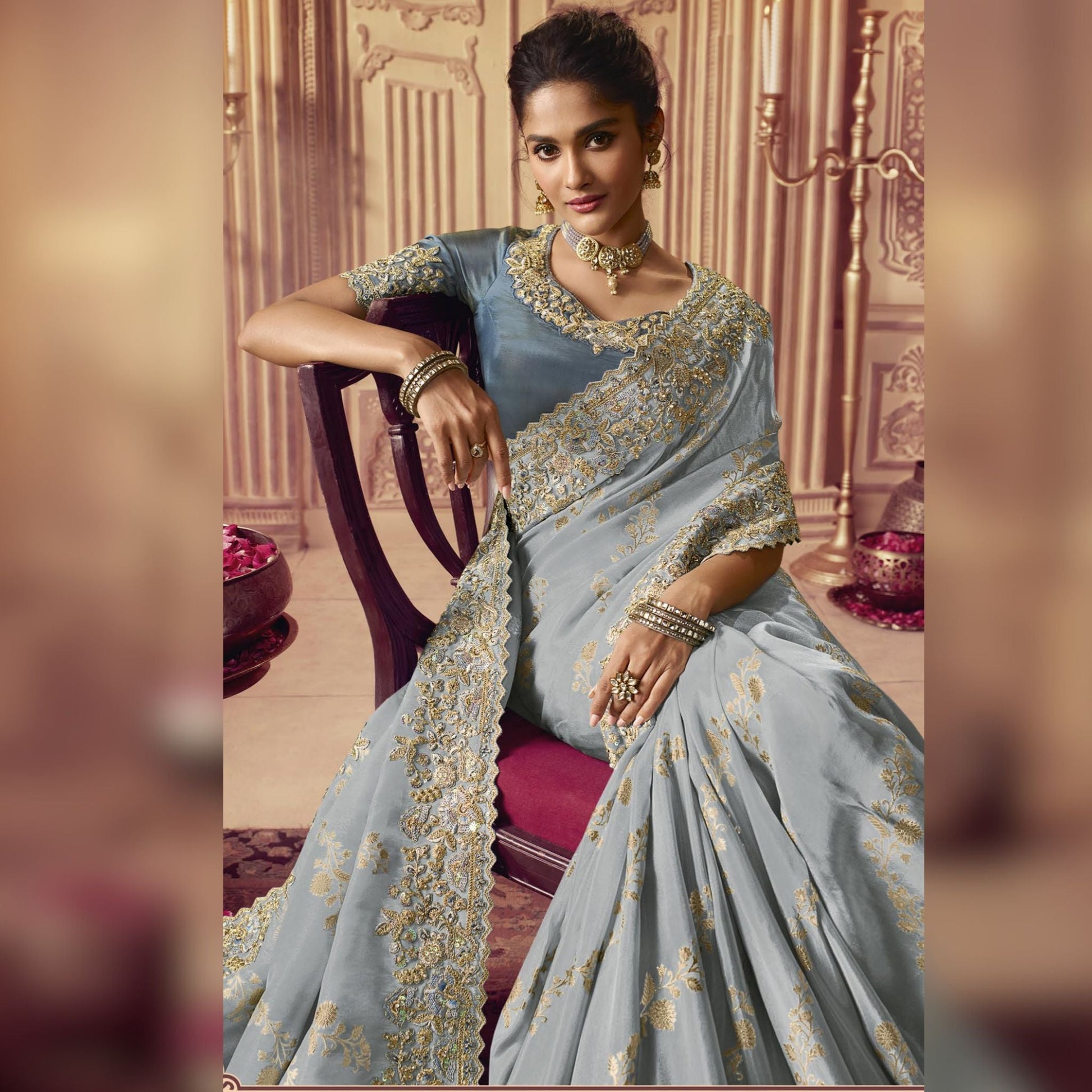 Light Grey Embroidered Border Silk Saree - SARIVEDA