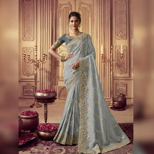 Light Grey Embroidered Border Silk Saree - SARIVEDA