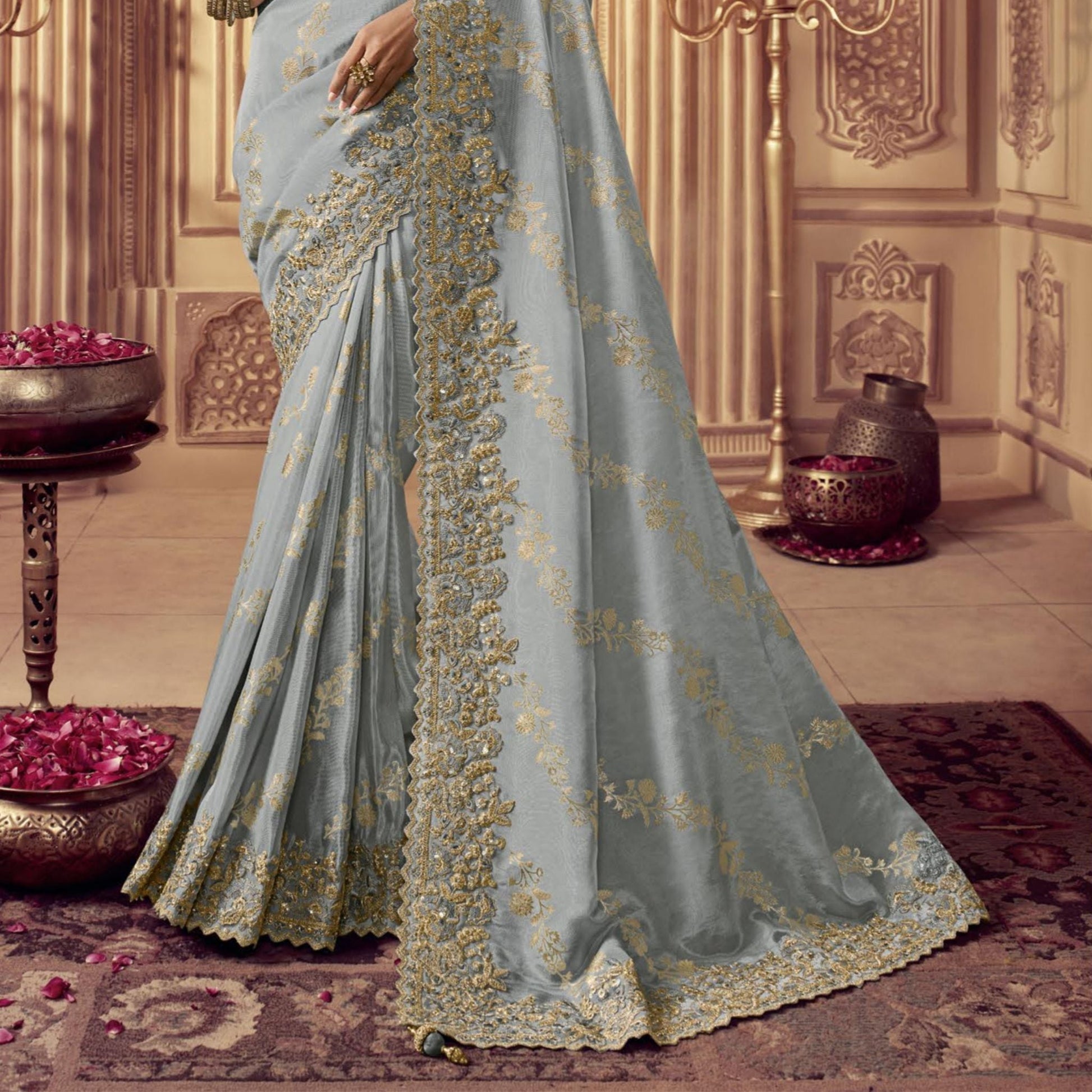 Light Grey Embroidered Border Silk Saree - SARIVEDA