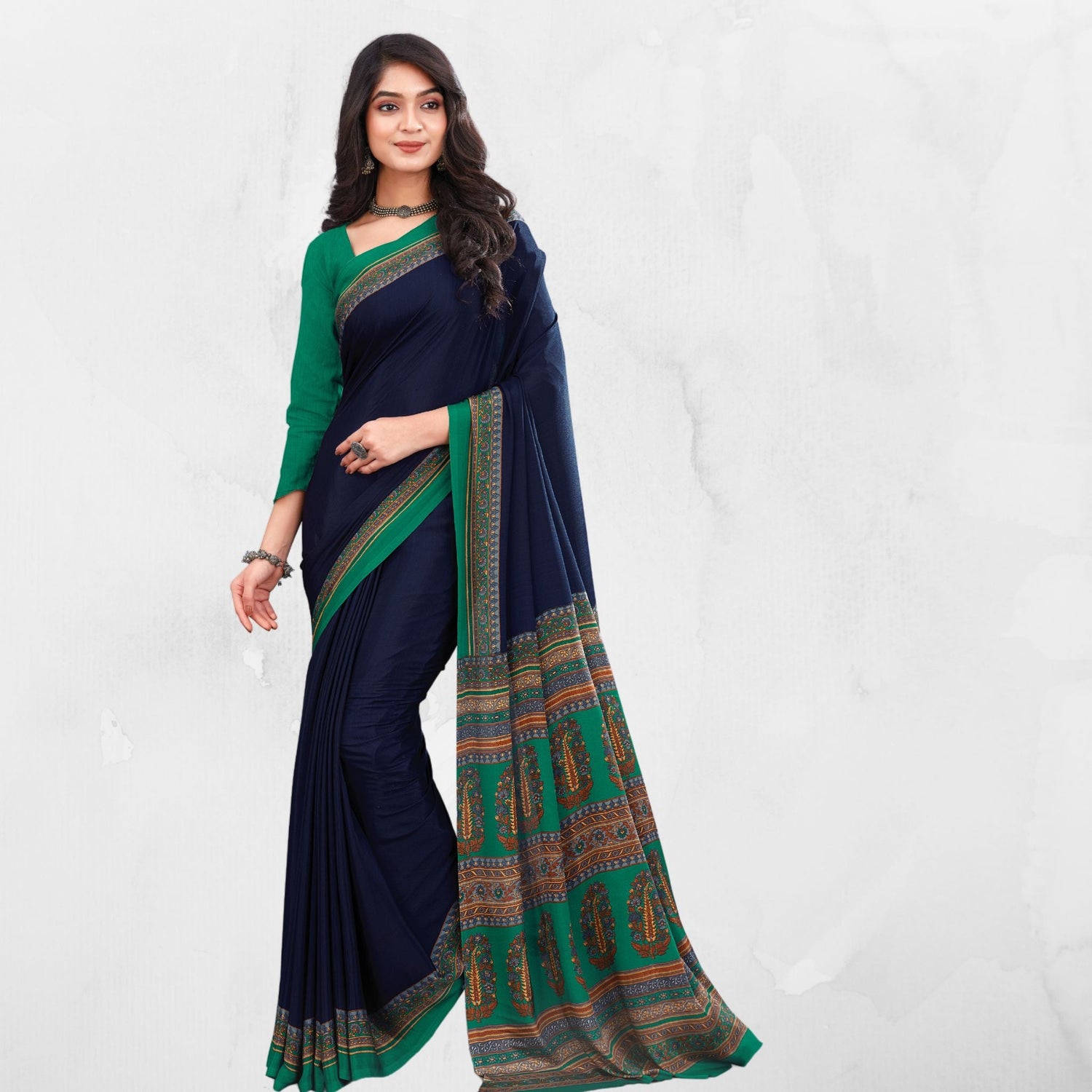 Navy Blue Georgette Partywear Printed Saree With Running Blouse - SARIVEDA