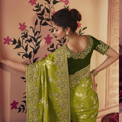 Olive Green Embroidered Border Silk Saree - SARIVEDA