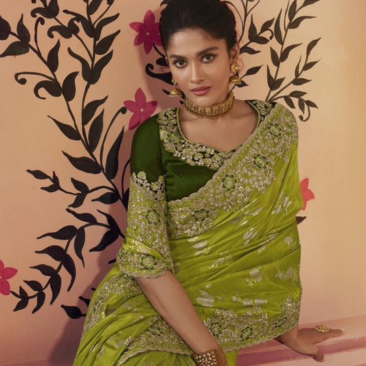 Olive Green Embroidered Border Silk Saree - SARIVEDA