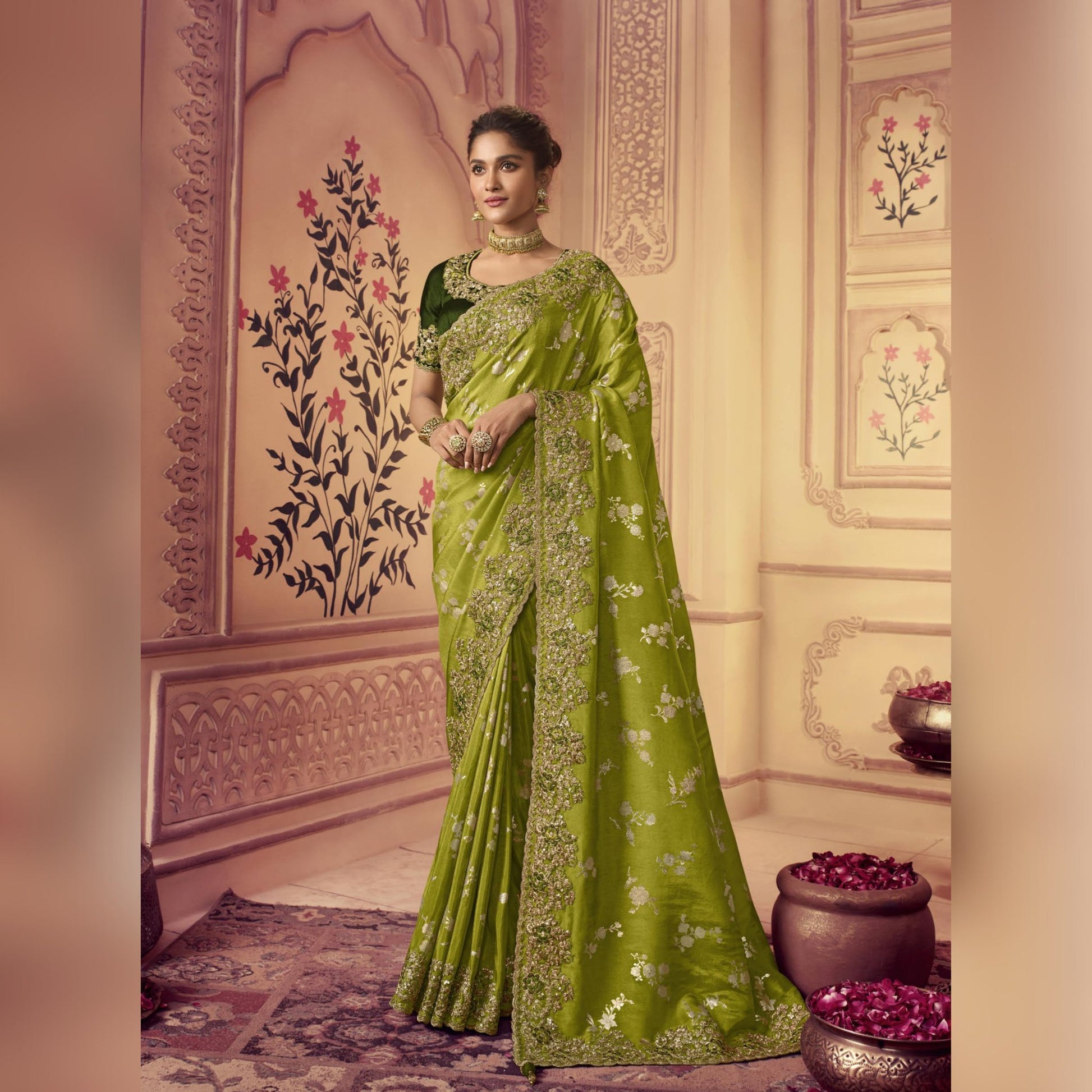 Olive Green Embroidered Border Silk Saree - SARIVEDA