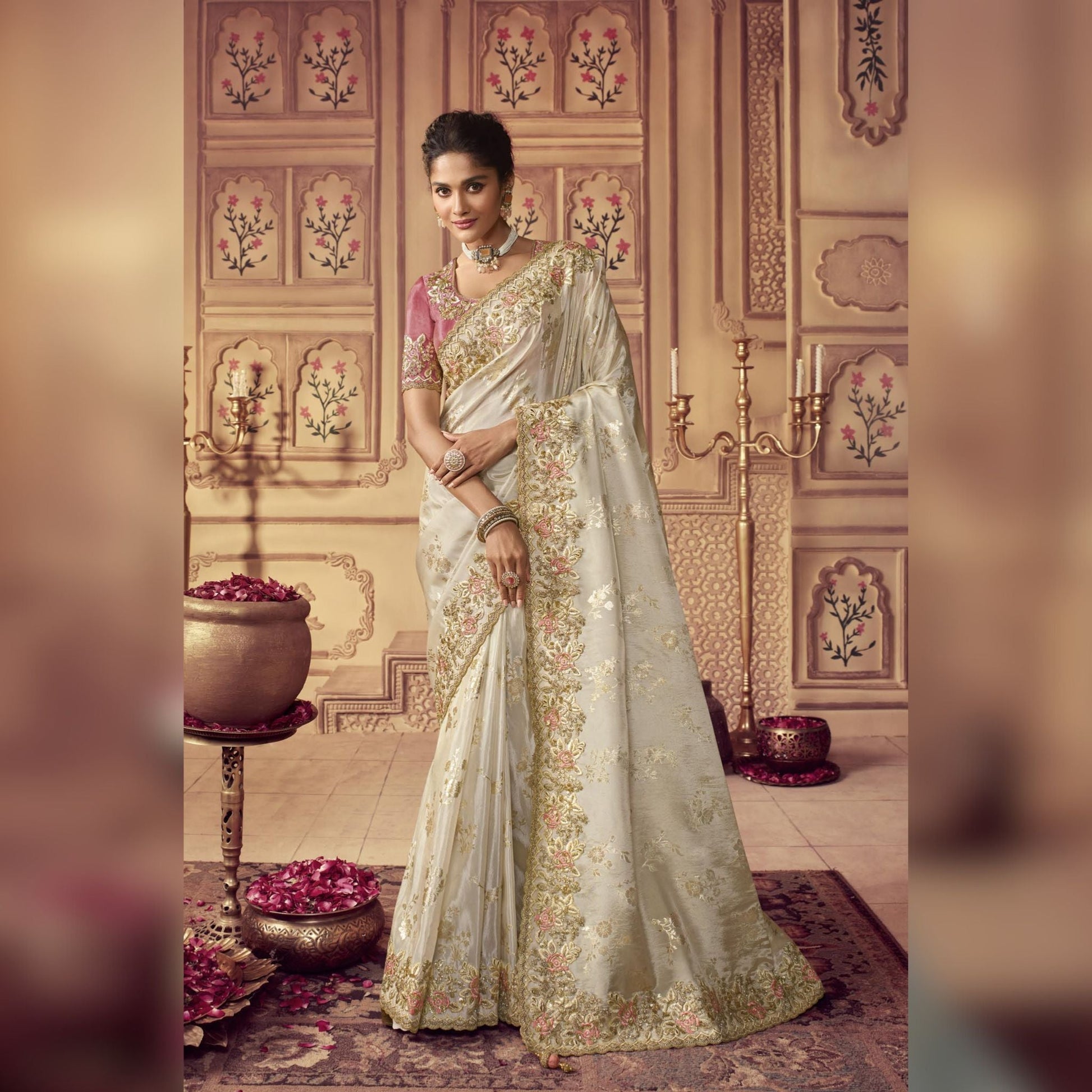 Pearl White Embroidered Border Silk Saree - SARIVEDA