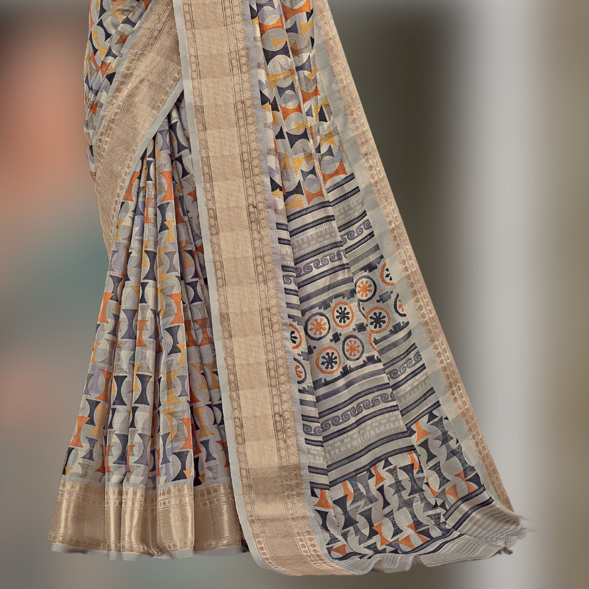 Printed Cotton Saree in Light Grey - SARIVEDA