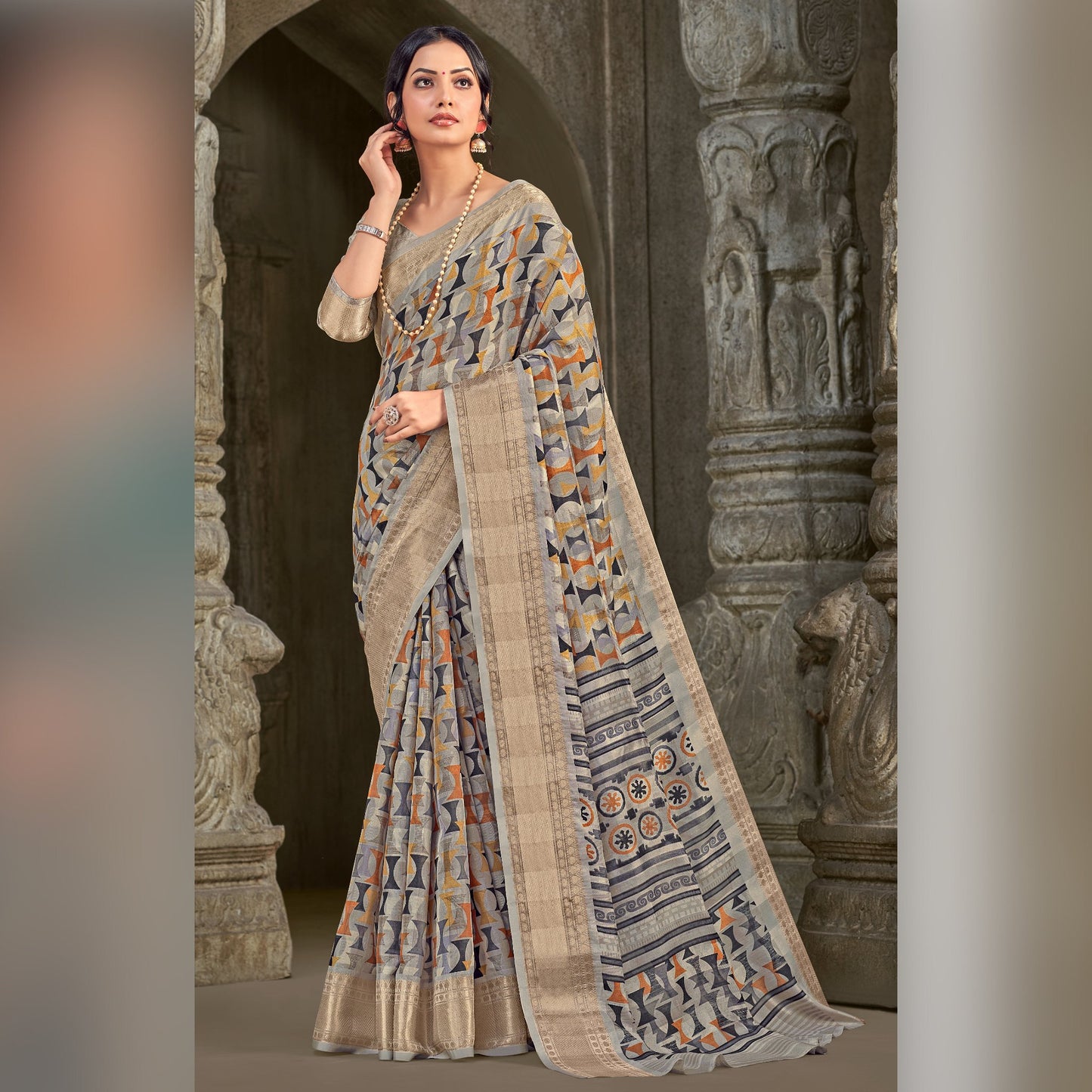 Printed Cotton Saree in Light Grey - SARIVEDA