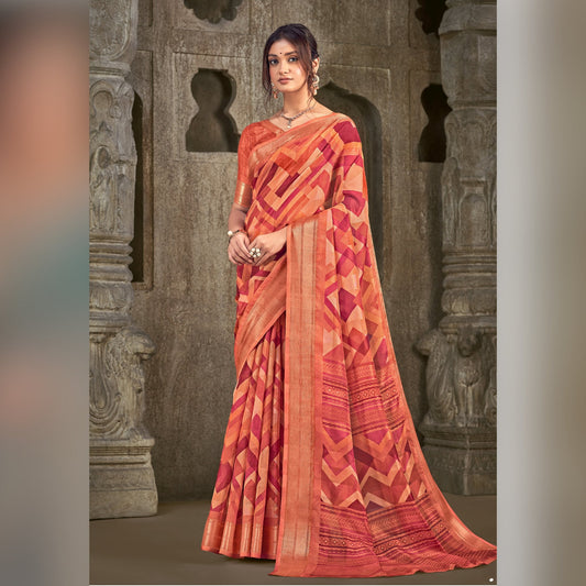 Printed Cotton Saree in Orange - SARIVEDA