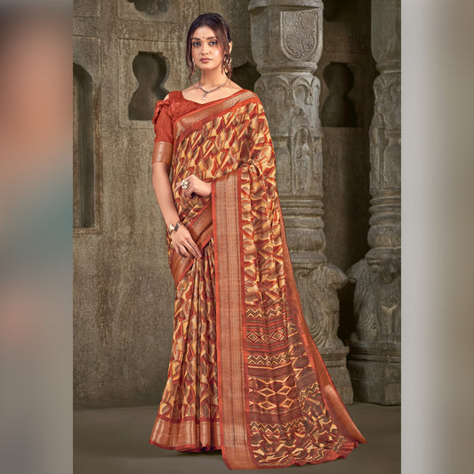 Printed Cotton Saree in Orange - SARIVEDA