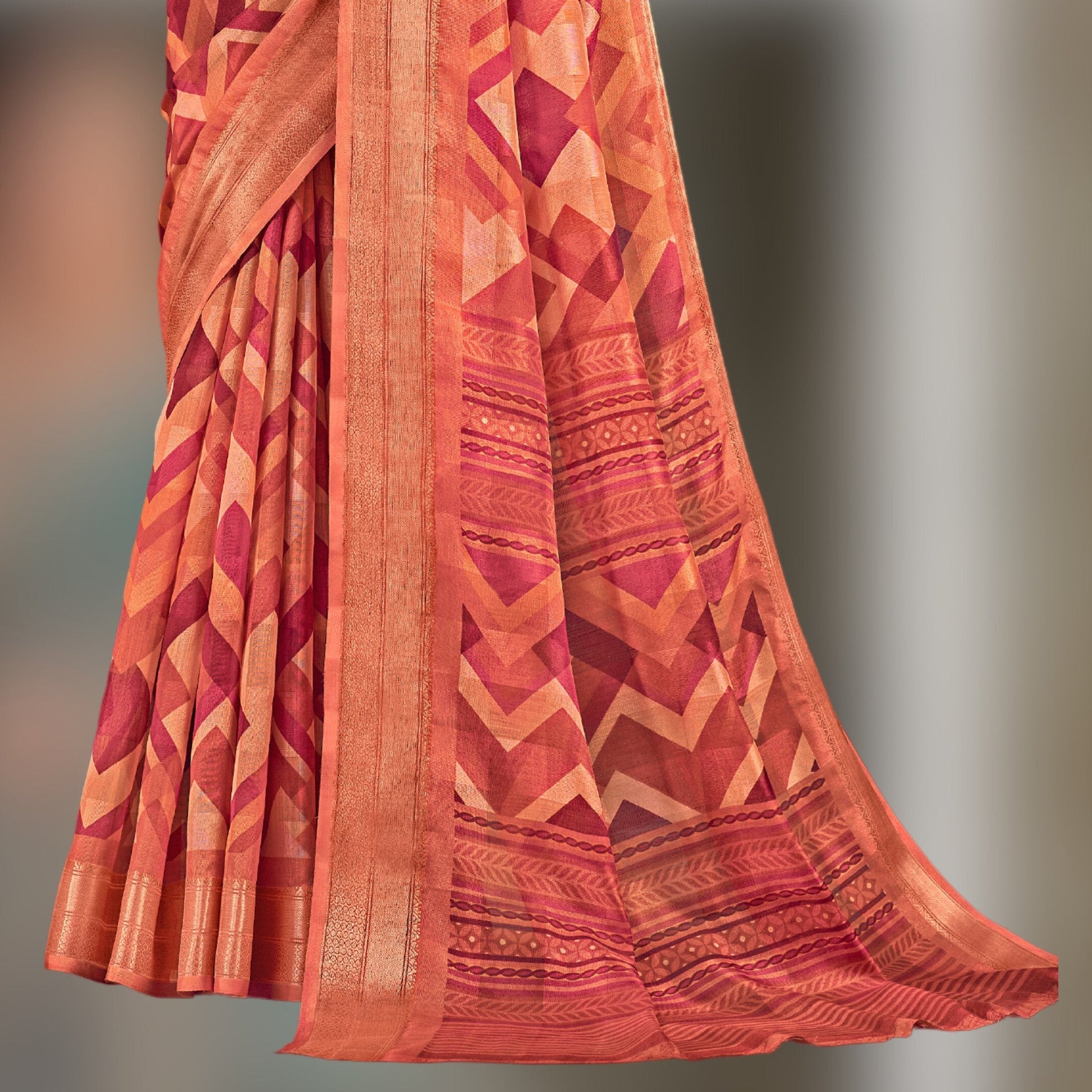 Printed Cotton Saree in Orange - SARIVEDA