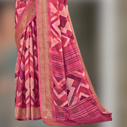 Printed Cotton Saree in Pink - SARIVEDA