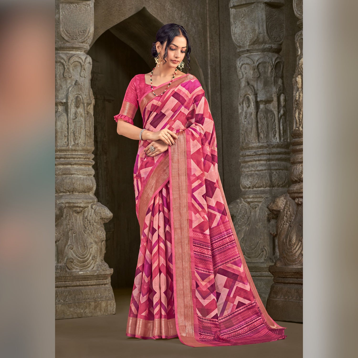 Printed Cotton Saree in Pink - SARIVEDA