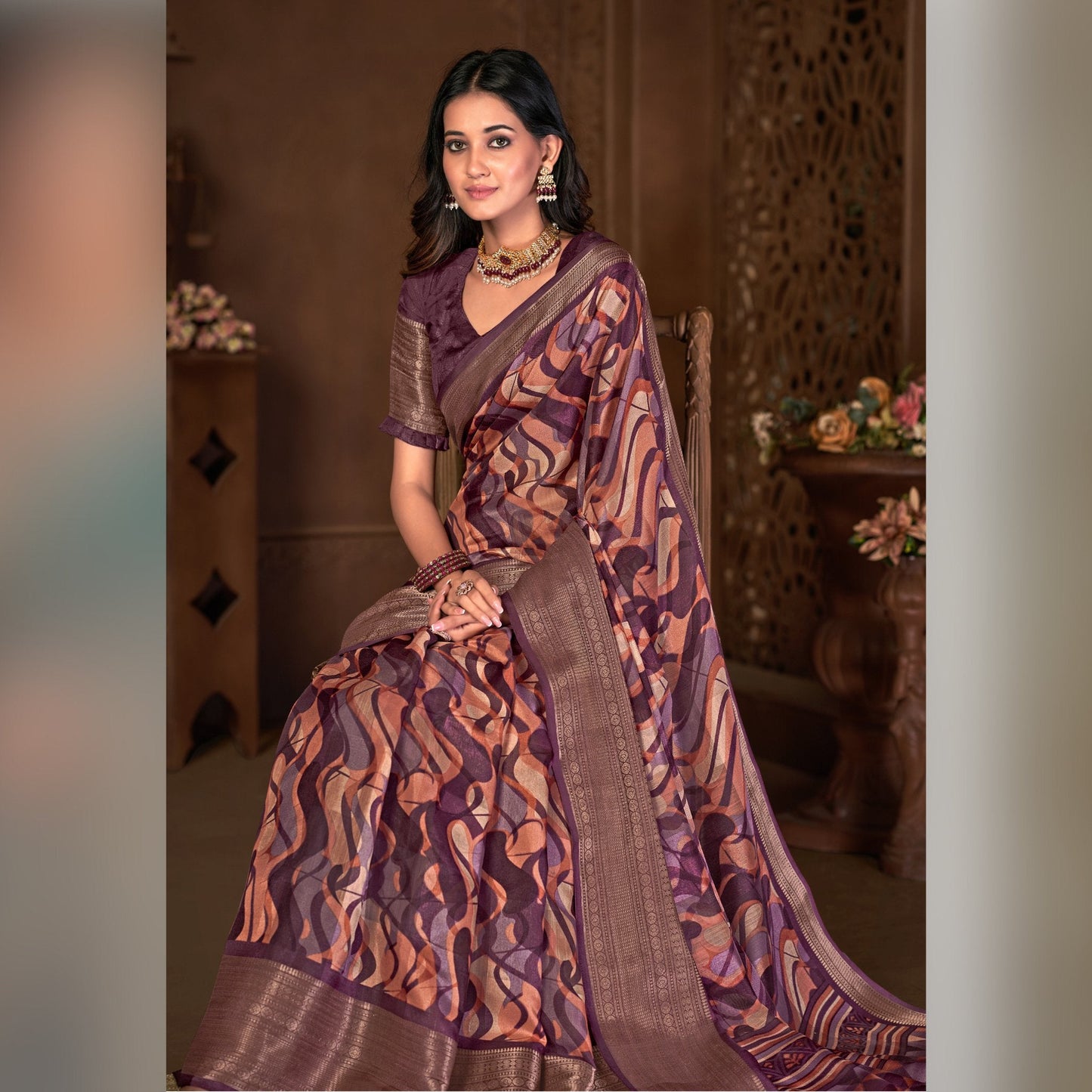 Printed Cotton Silk Saree in Dusty Purple - SARIVEDA