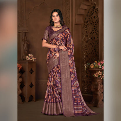 Printed Cotton Silk Saree in Dusty Purple - SARIVEDA