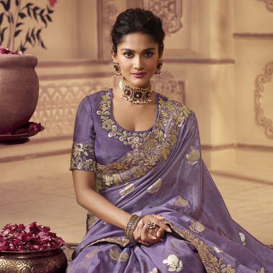 Purple Embroidered Border Silk Saree - SARIVEDA