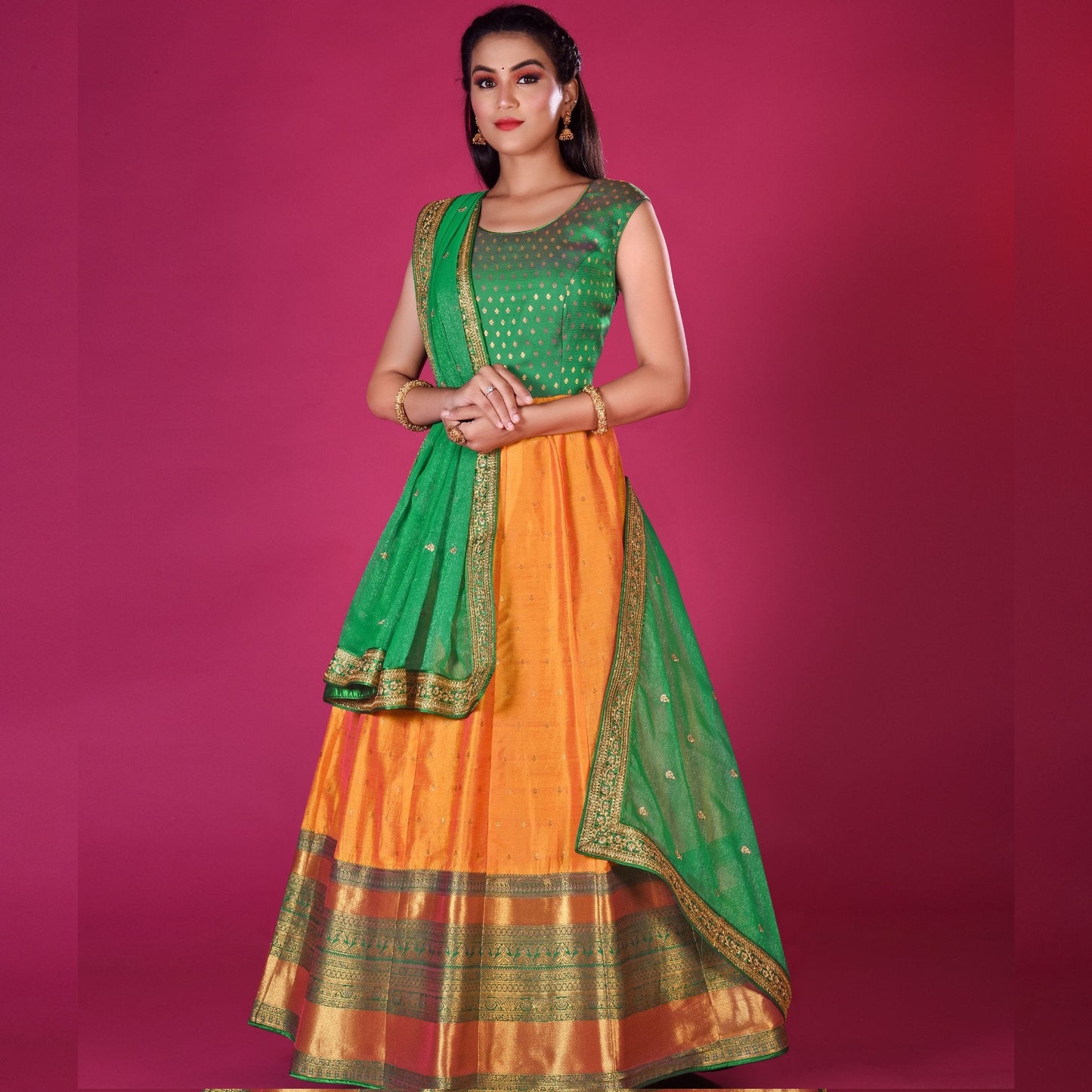 Readymade Silk Gown Set in Gold and Green - SARIVEDA