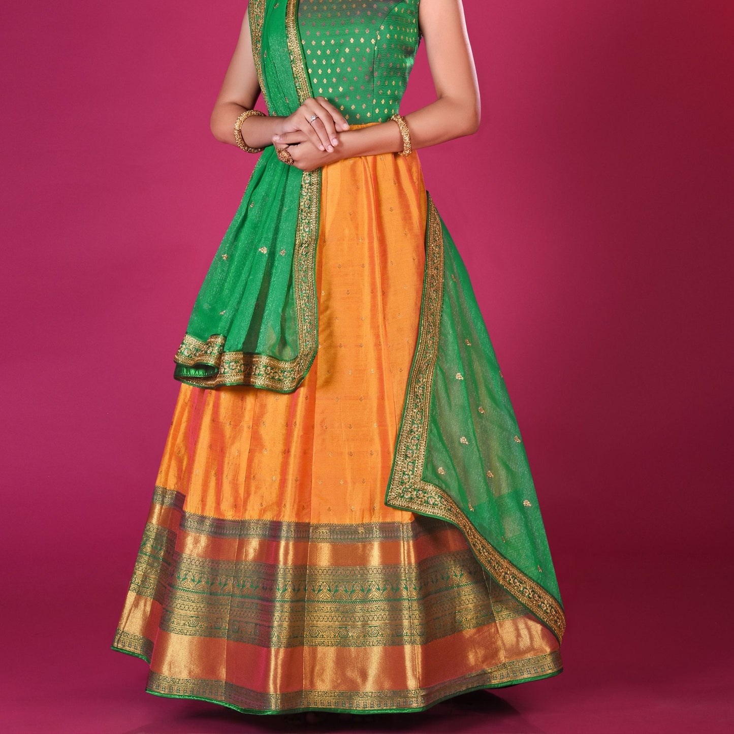 Readymade Silk Gown Set in Gold and Green - SARIVEDA