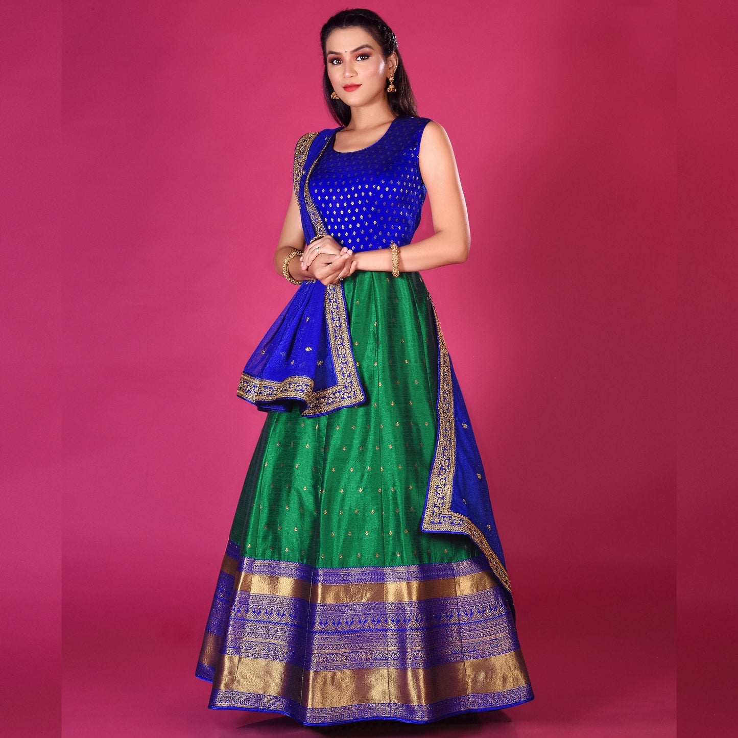 Readymade Silk Gown Set in Rani Blue and Green - SARIVEDA