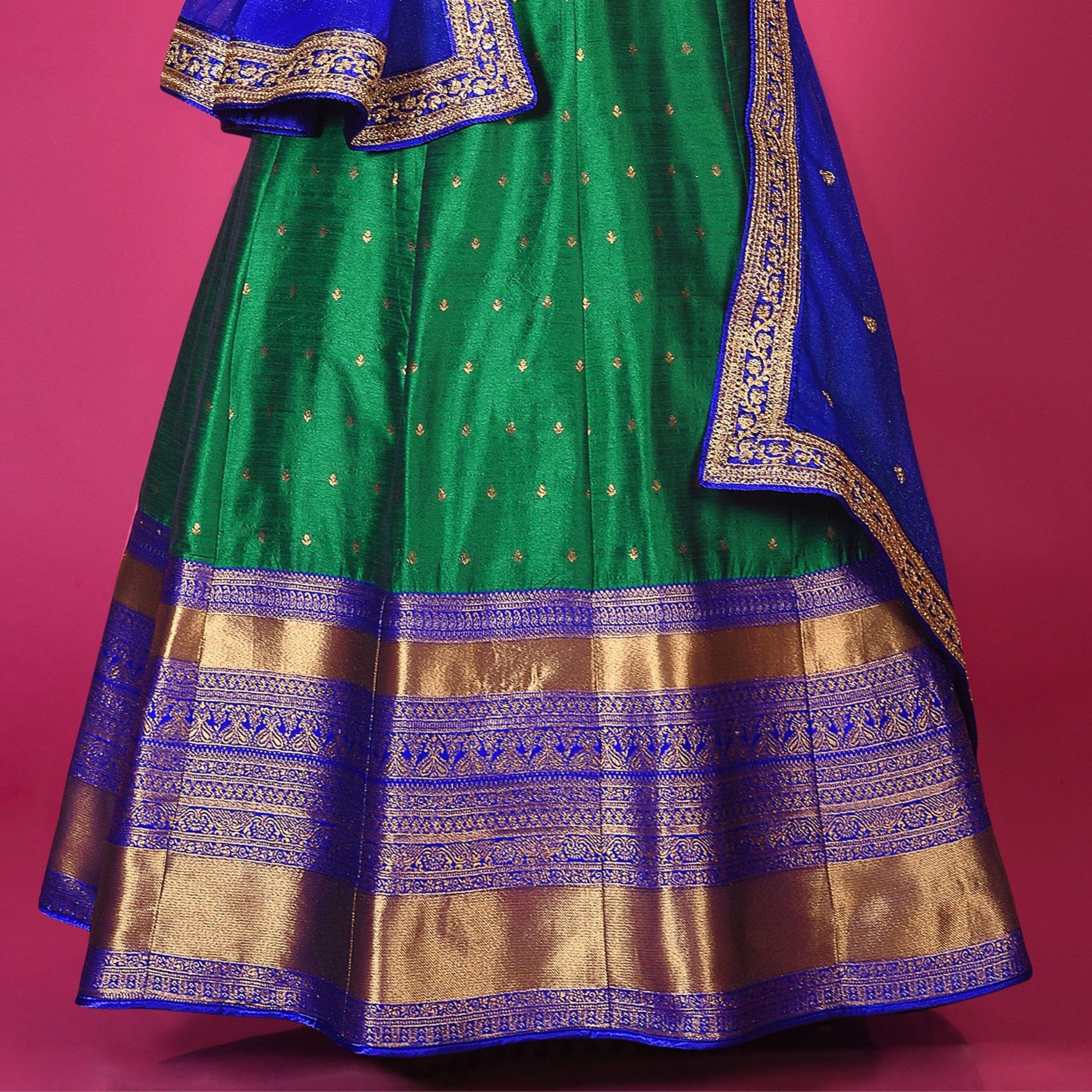 Readymade Silk Gown Set in Rani Blue and Green - SARIVEDA