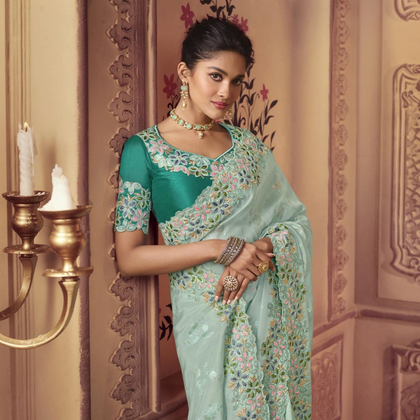 Sea Green Embroidered Border Silk Saree - SARIVEDA