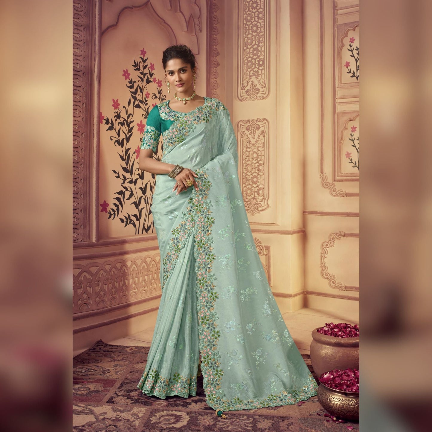 Sea Green Embroidered Border Silk Saree - SARIVEDA