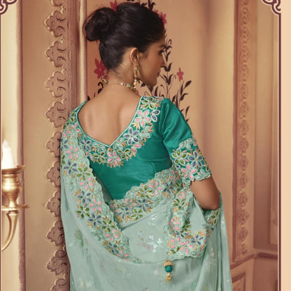 Sea Green Embroidered Border Silk Saree - SARIVEDA