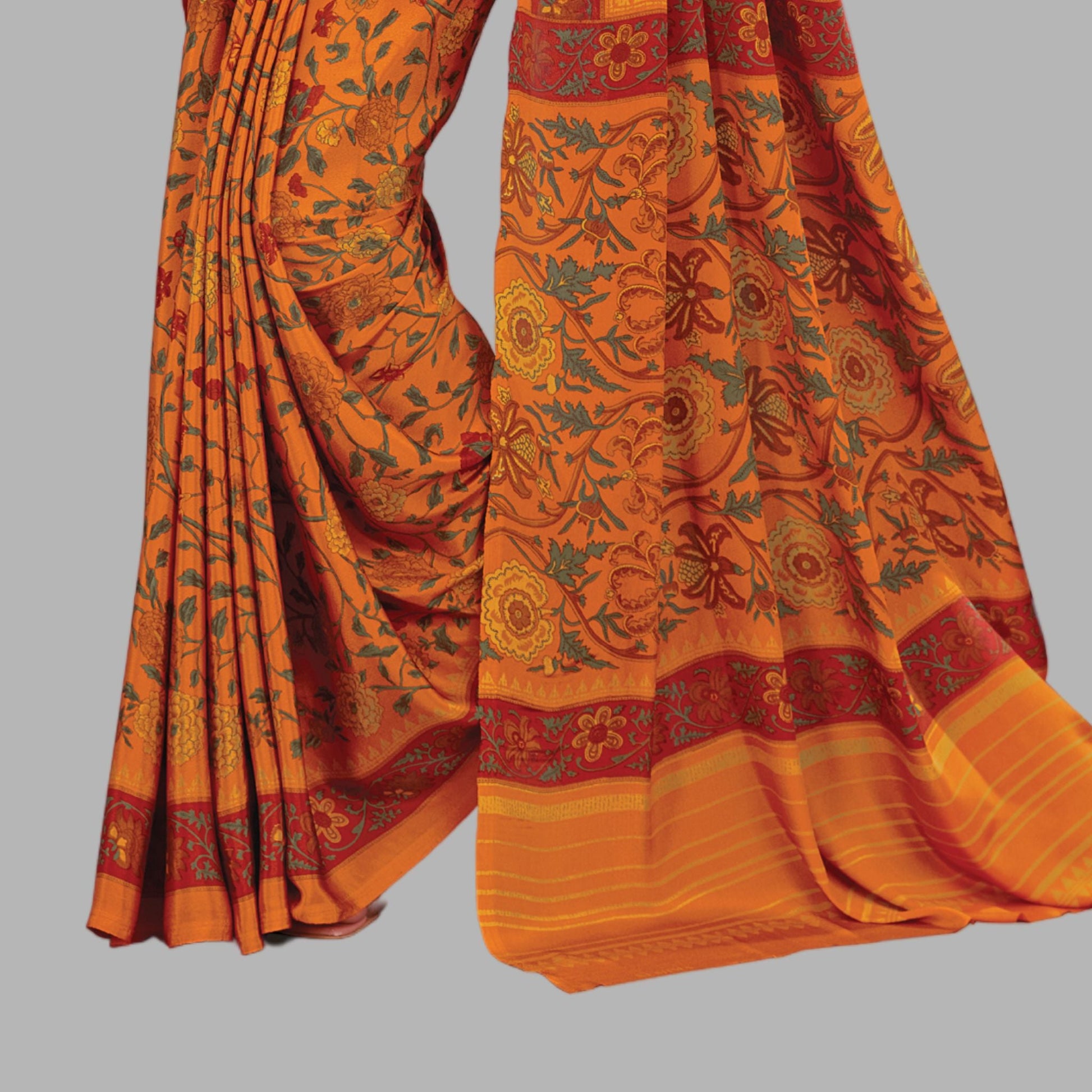 Turmeric Yellow Georgette Floral Printed Saree With Running Blouse - SARIVEDA