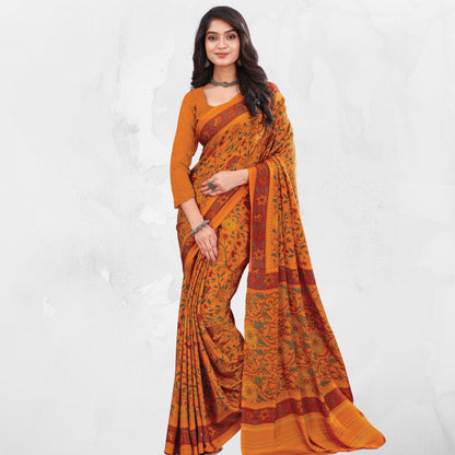 Turmeric Yellow Georgette Floral Printed Saree With Running Blouse - SARIVEDA