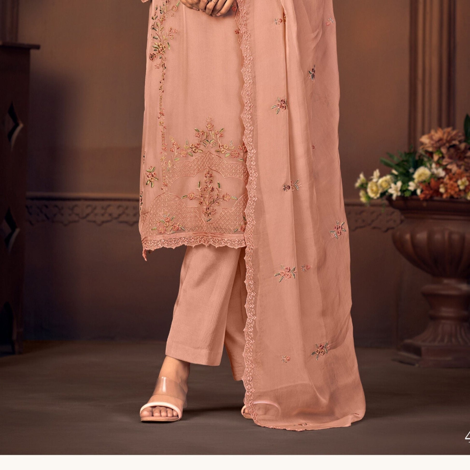 Unstitched Organza Suit in Dark Peach - SARIVEDA