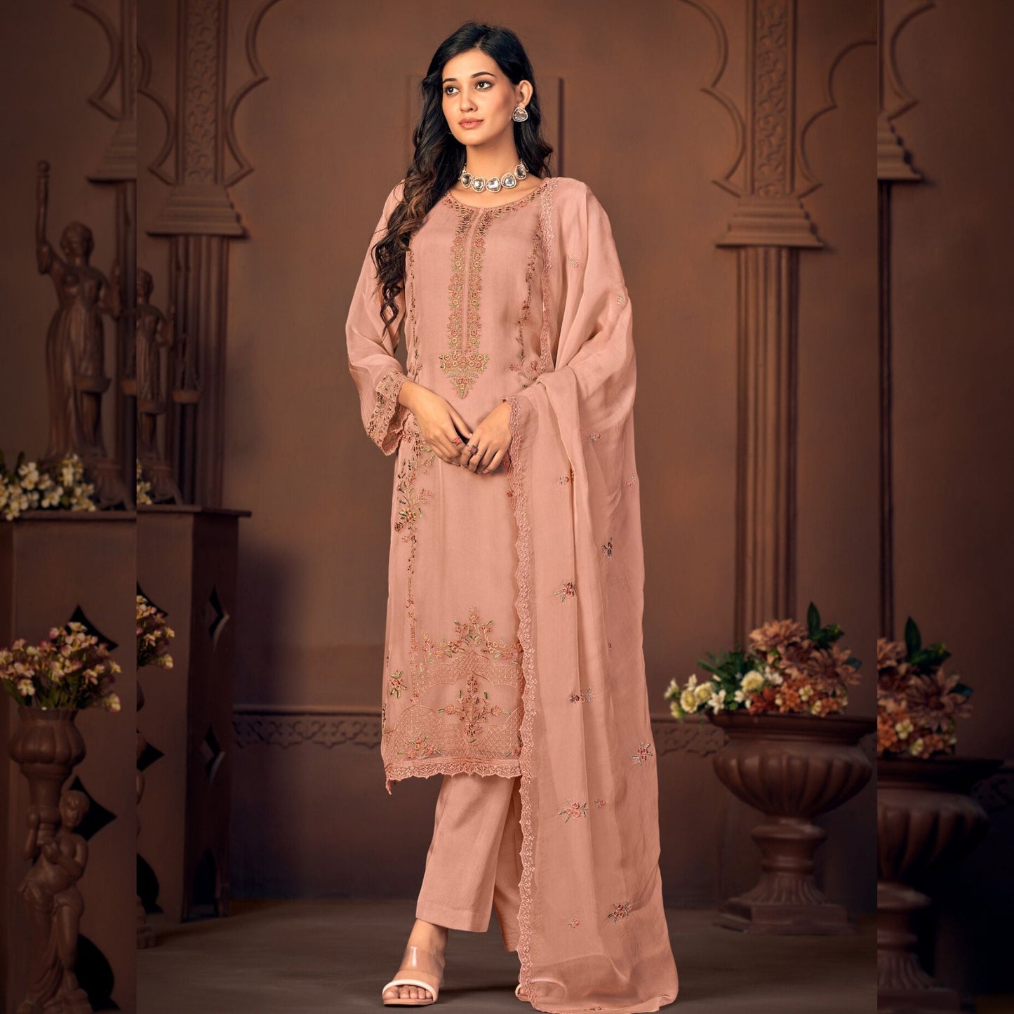 Unstitched Organza Suit in Dark Peach - SARIVEDA