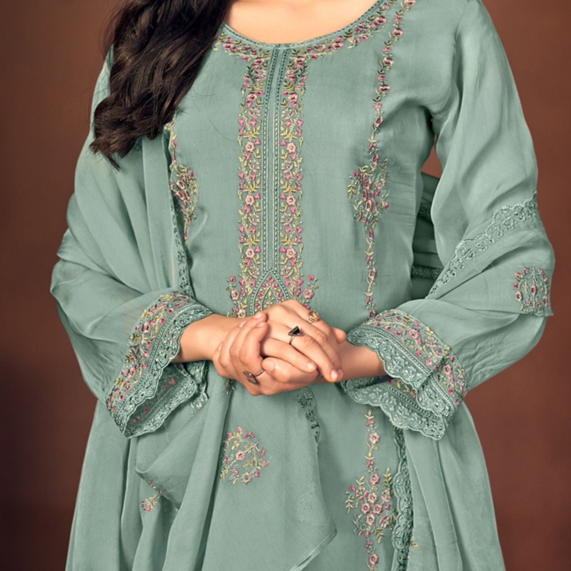 Unstitched Organza Suit in Seafoam Green - SARIVEDA