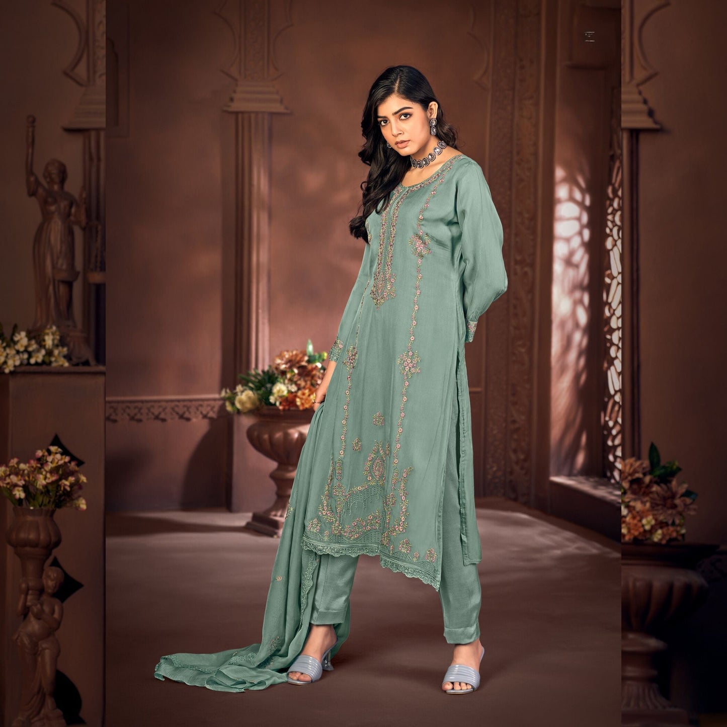 Unstitched Organza Suit in Seafoam Green - SARIVEDA