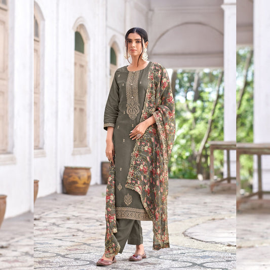 Viscose Russian Silk Unstitched Suit in Brown Colour - SARIVEDA