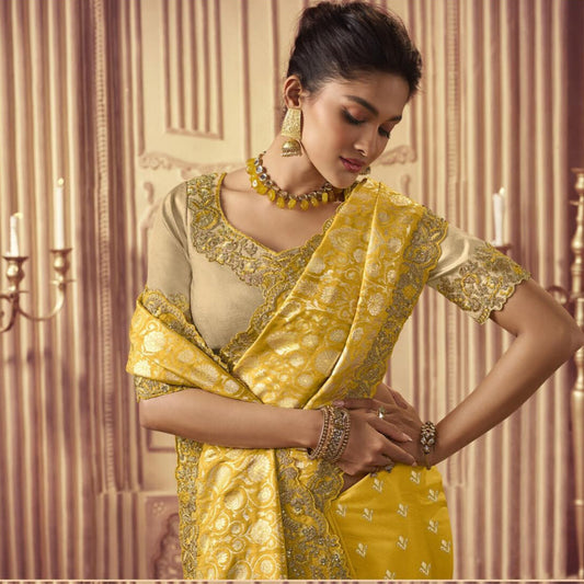 Yellow Embroidered Border Silk Saree - SARIVEDA